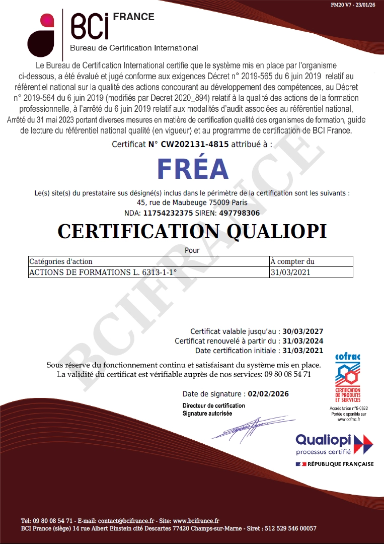 Certificat Qualiopi Fréa Formation